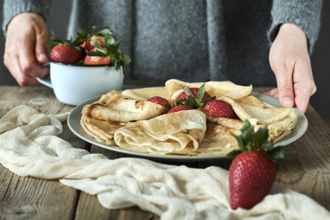 Homemade pancakes with strawberries stock photo