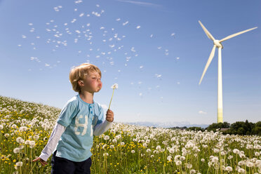 Boy blowing dandelion at wind turbine - CUF01556