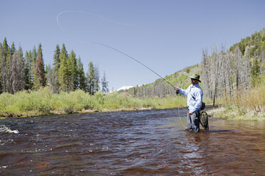 Mann beim Fliegenfischen im Fluss, Colorado, USA - ISF00480