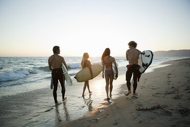 Rear view of surfers on the beach at sunset - ISF00614