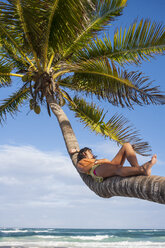 Junge Frau beim Sonnenbad auf einem Palmenstamm am Strand, Tulum, Quintana Roo, Mexiko - CUF02220