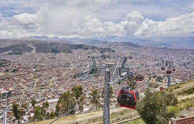 Elevated view of city with cable cars in foreground, La Paz, Bolivia, South America - CUF02315