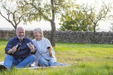Älteres Paar im Freien, auf einer Decke sitzend, ein Glas Wein genießend - CUF02478