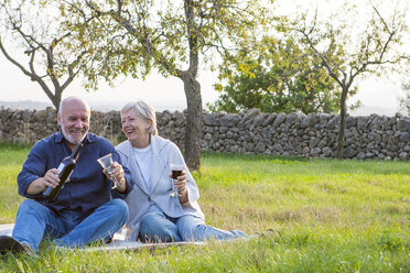 Senior couple outdoors, sitting on blanket, enjoying glass of wine - CUF02478