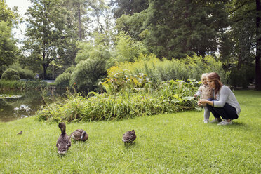 Mother and toddler daughter watching ducks in park - CUF02661