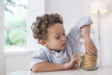 Boy getting biscuit from cookie jar - CUF02840