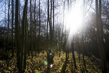 Junge steht im Wald und schaut durch die Bäume in die Sonne - CUF02898