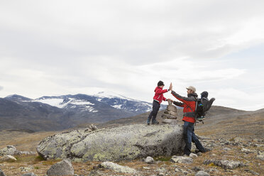 Mann mit Söhnen, die sich auf einem Steinhaufen in einer Berglandschaft feiern, Nationalpark Jotunheimen, Lom, Oppland, Norwegen - CUF03005