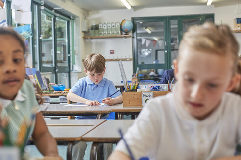 Grundschüler und Mädchen machen Schularbeiten an den Tischen im Klassenzimmer - CUF03032