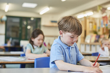 Schoolboy counting writing in classroom lesson at primary school - CUF03069