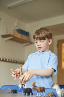 Schuljunge spielt mit Spielzeugtieren im Klassenzimmer der Grundschule - CUF03102