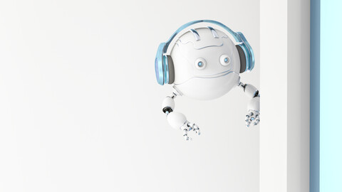 Roboterdrohne mit Kopfhörern, die um die Ecke schaut, 3d-Rendering, lizenzfreies Stockfoto