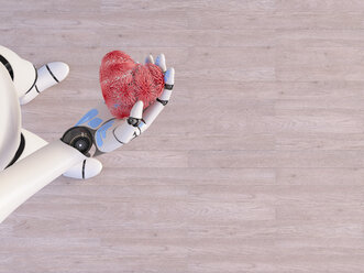 Roboter hält Herz in der Hand, 3d Rendering - AHUF00497