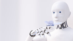 Robot looking at butterfly on his finger, 3d rendering - AHUF00501