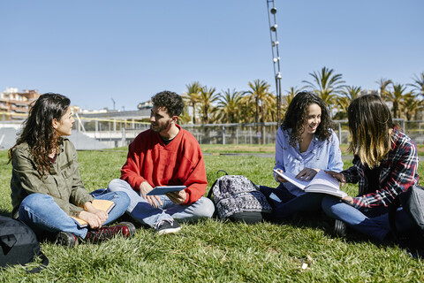 Four students sitting in park learning together stock photo