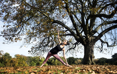 Woman doing yoga in park on autumn day - CUF03601