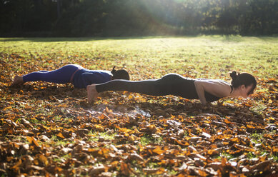 Zwei Frauen machen Yoga im Park an einem Herbsttag - CUF03602