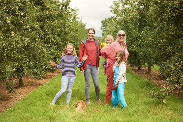 Family walking dog in apple orchard - CUF03662