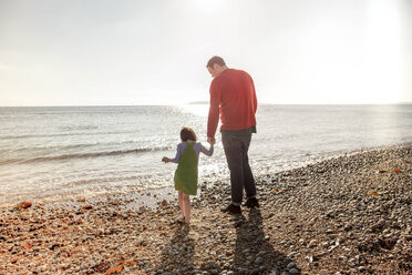 Vater und Tochter stehen am Strand und halten sich an den Händen, Rückansicht - CUF03782