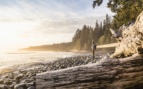 Mann schaut vom Strand im Juan de Fuca Provincial Park, Vancouver Island, British Columbia, Kanada, hinaus, lizenzfreies Stockfoto