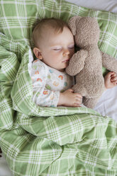 Overhead view of baby boy asleep on bed holding teddy bear - CUF04260