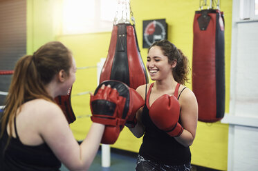Female boxer training, punching teammates punch mitt - CUF04311