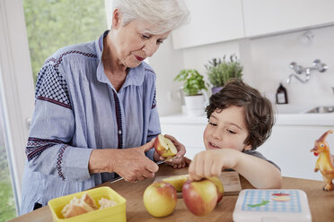 Grandmother and grandson preparing food in kitchen - ISF01044