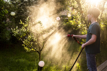 Boy using garden hose for watering tree in the garden - SARF03732