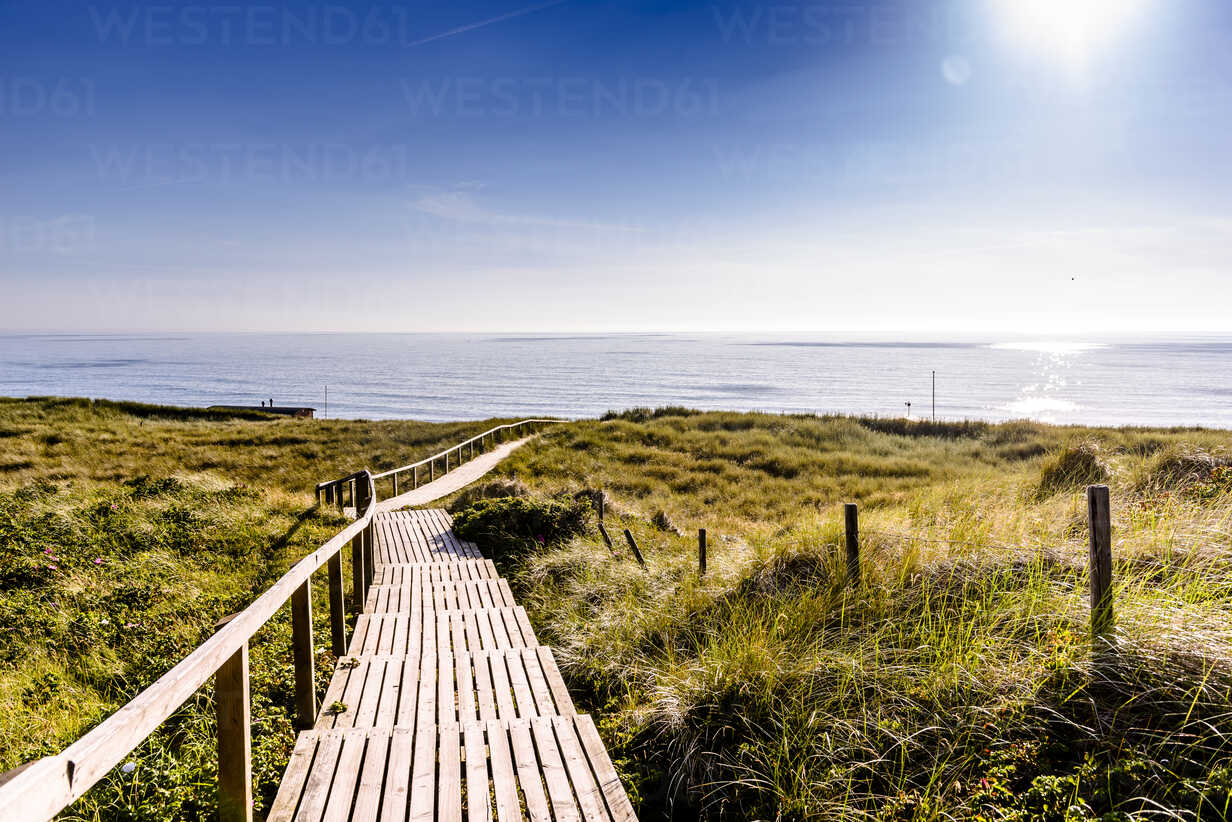 Germany, Schleswig-Holstein, Sylt, wooden walkway through dunes stock photo