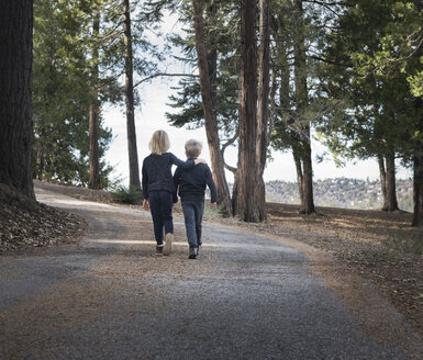 Jungen gehen auf der Straße durch den Wald, Lake Arrowhead, Kalifornien, USA - ISF01245