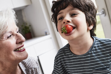 Grandson eating strawberry, grandmother sitting beside him, smiling - ISF01280