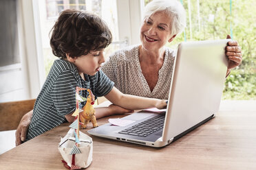 Großmutter und Enkel sitzen am Tisch und benutzen einen Laptop - ISF01281