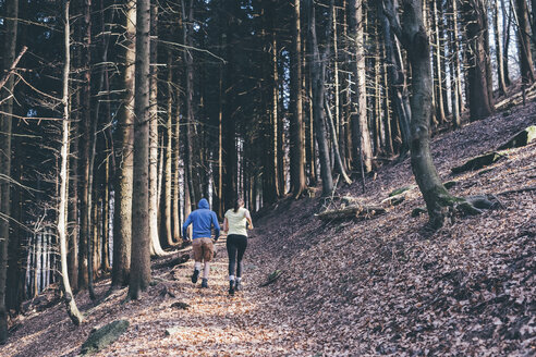 Rückansicht eines laufenden Paares auf einem Waldweg, Monte San Primo, Italien - CUF04972