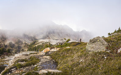 Wanderer mit Blick auf Wolken auf Berggipfeln, Mount Baker, Washington, USA - CUF05184