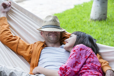 Couple lying on hammock, Mallorca, Spain - CUF05292