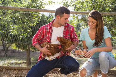 Organic farming couple holding free range chicken and basket of eggs - CUF05408