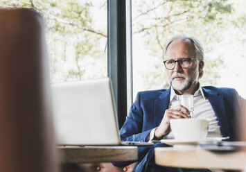 Mature businessman sitting at table in a cafe using laptop - UUF13676