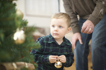 Senior man and grandson placing baubles on christmas tree - CUF05775