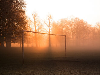 Kahle Bäume und Torpfosten im nebligen Park bei Sonnenaufgang - CUF05859