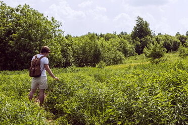 Young male hiker looking at green plants in landscape - CUF05892