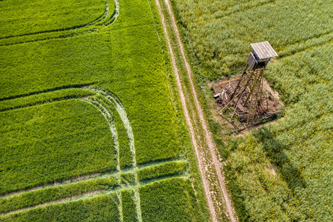 Germany, Baden-Wuerttemberg, Rems-Murr-Kreis, Aerial view of fields and deer stand stock photo