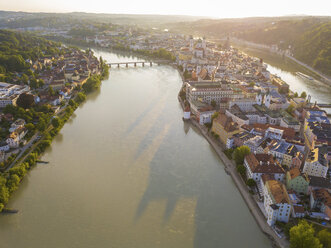 Germany, Bavaria, Passau, city of three rivers, Aerial view of Danube and Inn river - JUNF01034