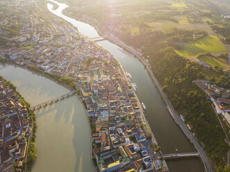 Germany, Bavaria, Passau, city of three rivers, Aerial view of Danube and Inn river - JUNF01037