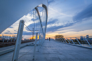 France, Alsace, Strasbourg, Passerelle des Deux Rives at sunset - JUNF01044