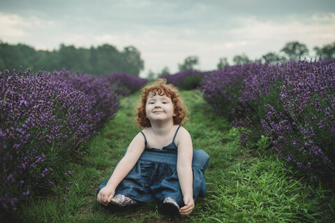 Toddler between rows of lavender, Campbellcroft, Canada stock photo