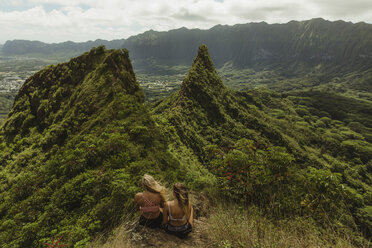 Rückansicht von Freunden auf einem grasbewachsenen Berg, Oahu, Hawaii, USA - ISF01455