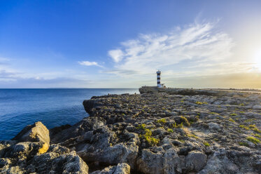 Spain, Balearic Islands, Mallorca, Colonia de Sant Jordi, Lighthouse at sunset - THAF02158