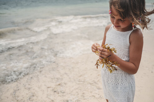 Mädchen spielt mit trockenem Seegras am Strand, Cancun, Mexiko - ISF01624