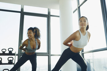 Two young women exercising in gym, doing aerobic workout - ISF01719