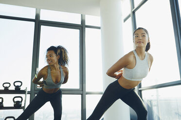 Zwei junge Frauen trainieren in einem Fitnessstudio, machen Aerobic-Workout - ISF01719